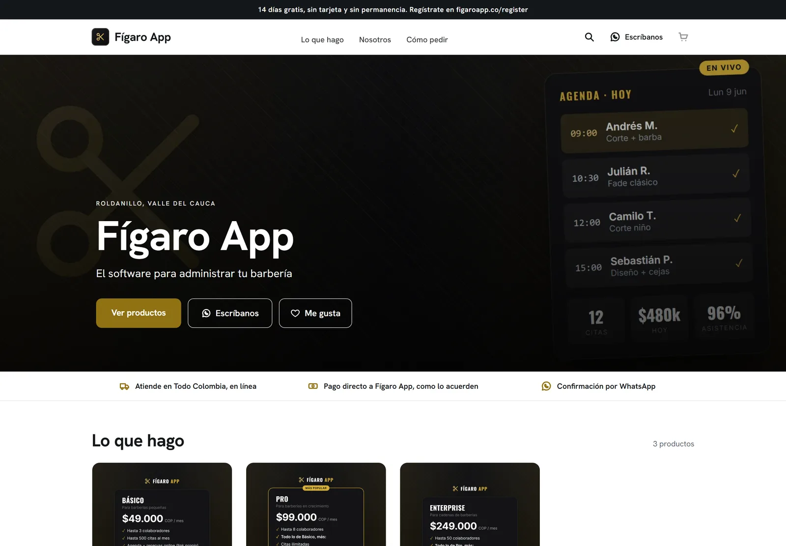 Tienda de Fígaro App en Más57: software para barberías, con sus planes y pedidos por WhatsApp